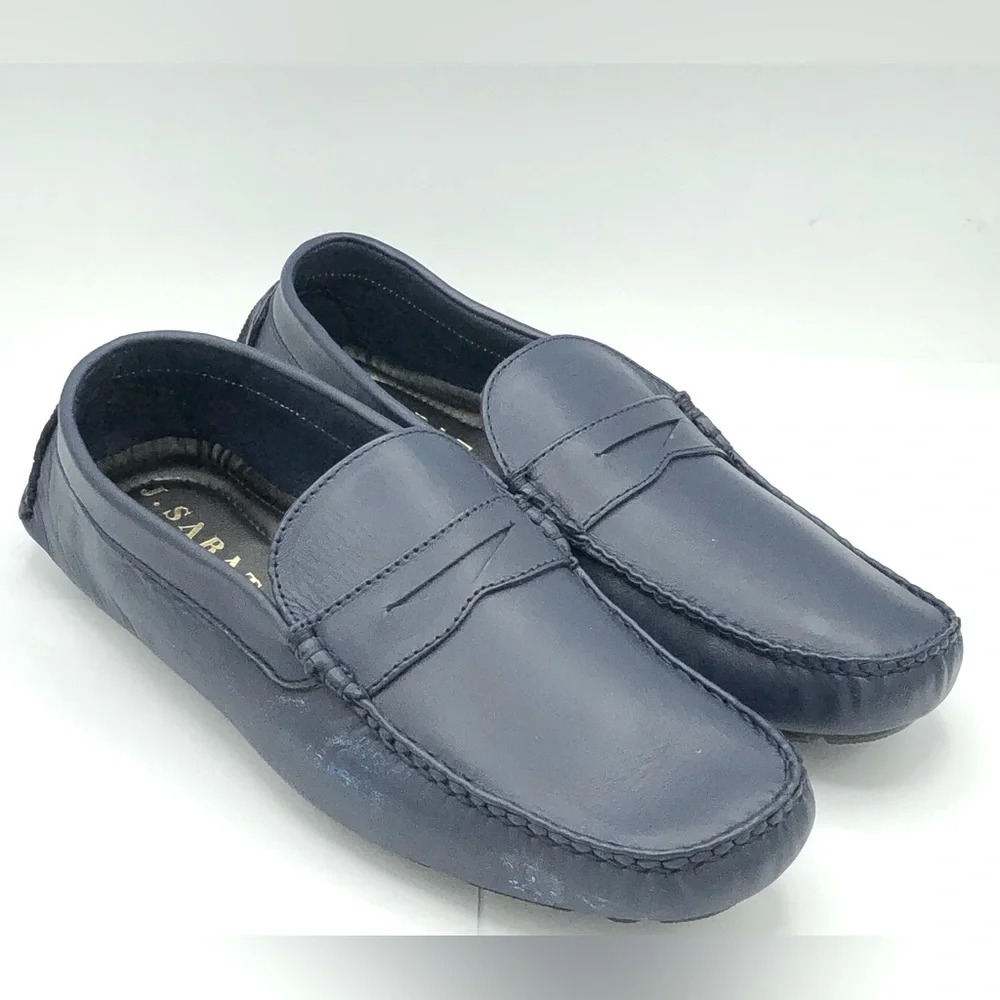 Sz 9.5 J Sabat men penny loafers round toe tip slip on navy blue leather NW